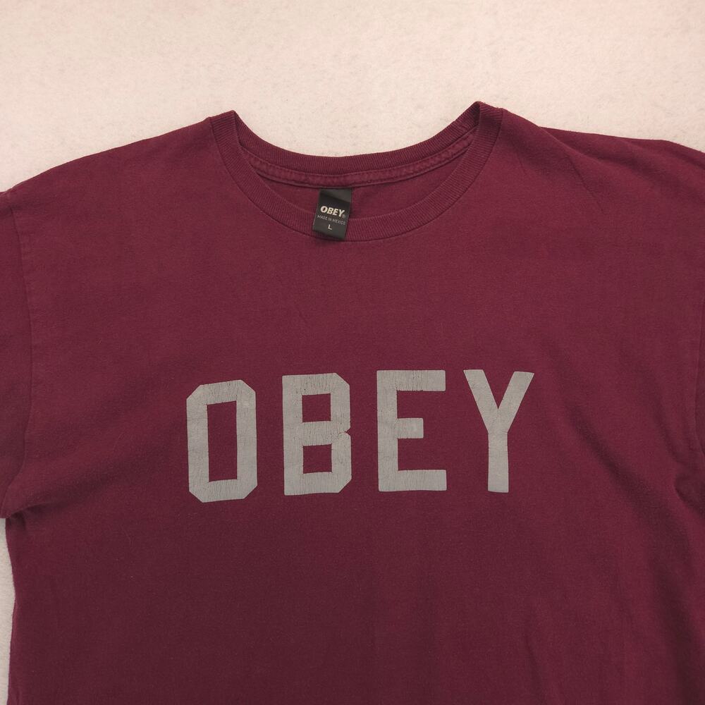 Obey Casual Crew Neck Short Sleeve Graphic Shirt Mens Size Large L Maroon